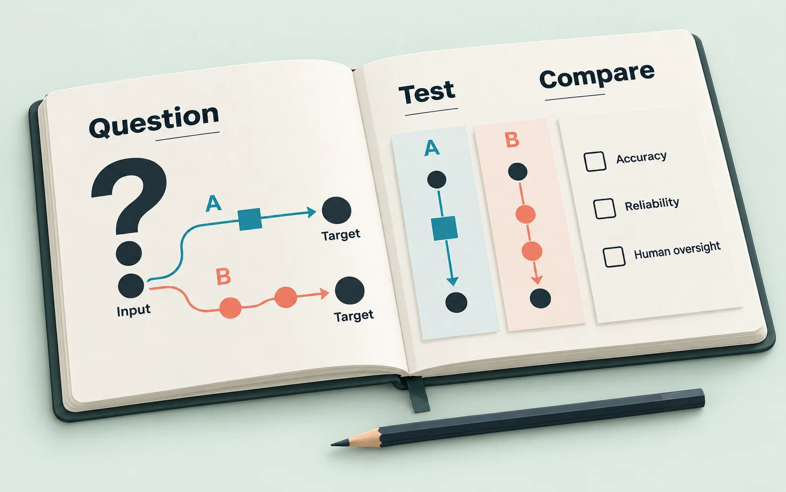 Concept illustration comparing two research approaches against accuracy, reliability, and human oversight criteria